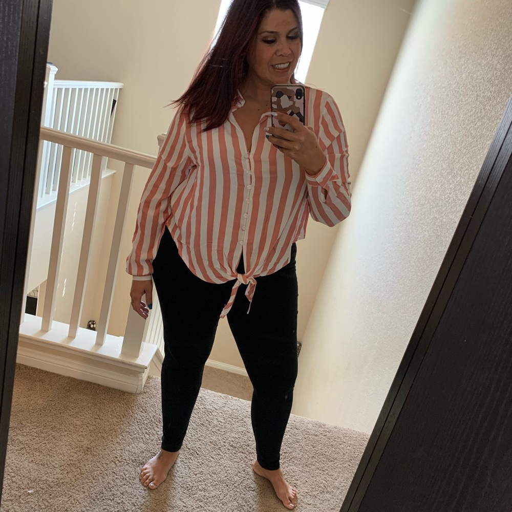 ❤️NEW PLUS Peach Striped Tie Front Top - Picture 7 of 8